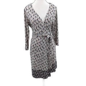 Bass Giraffe Wrap Midi Long Sleeve V-Neck Stretchy Ivory Blue Dress Size Small